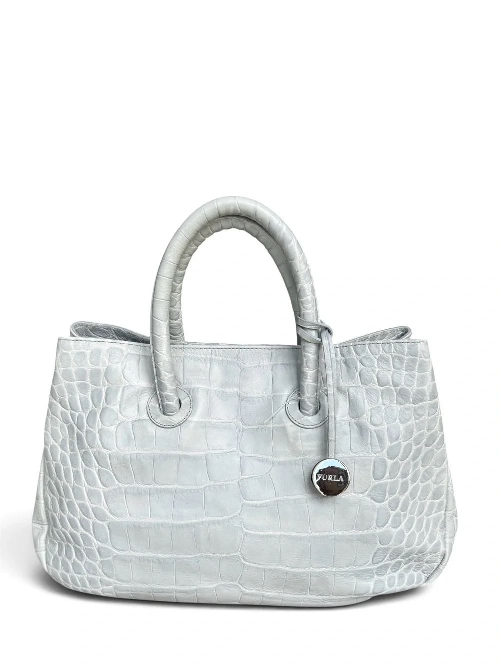 🆕 Furla Crocodile Embossed Leather Tote Bag Light Blue